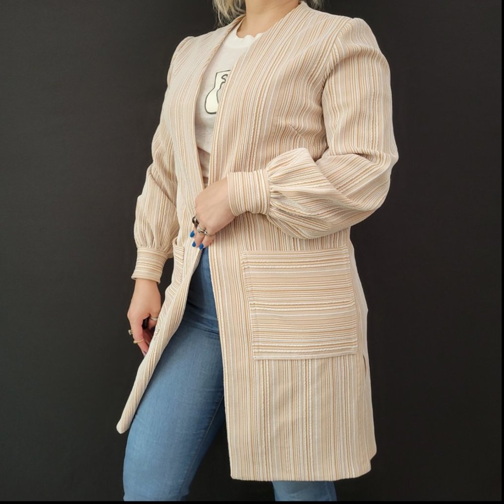70s Light Tan Striped Crimplene Open Jacket